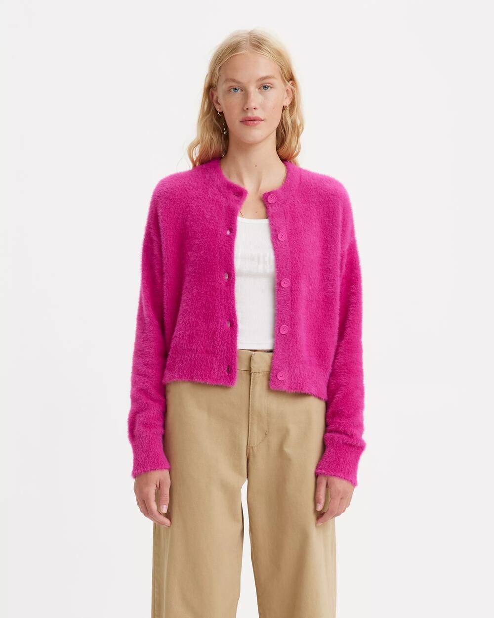 Levi's Cat Cardigan Festival Fuchsia Hot Pink Fuzzy Cropped Sweater Size Large